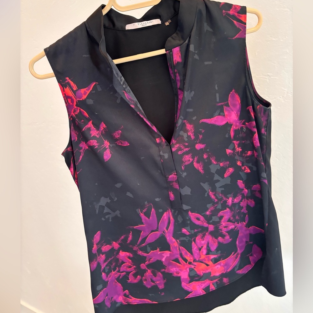 Tahari Black and Pink Blouse Elegant Floral Design